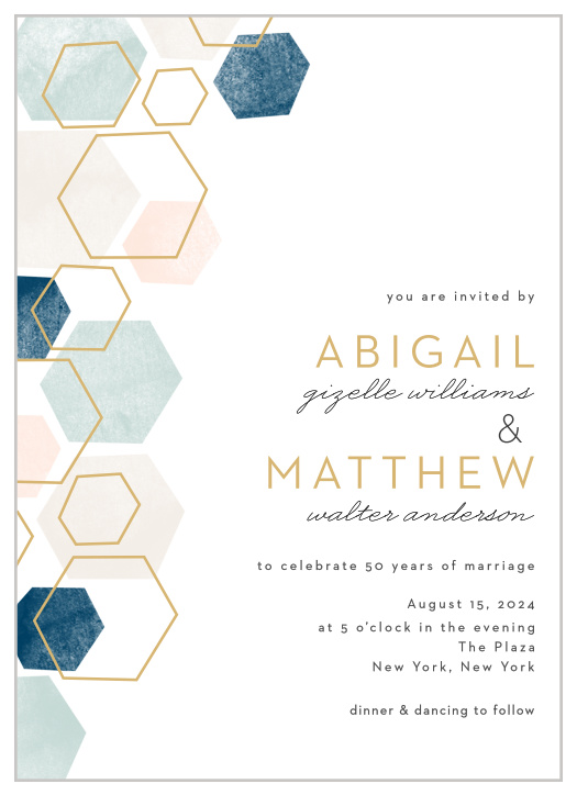 A geometric pattern in pink and blue hues with some gold hexagon outlines graces the left side of our Golden Geometrics Vow Renewal Invitations