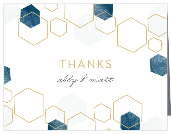 A geometric pattern of pink and blue hues with some gold hexagon outlines adorn the top and bottom of our Golden Geometrics Vow Renewal Thank You Cards.