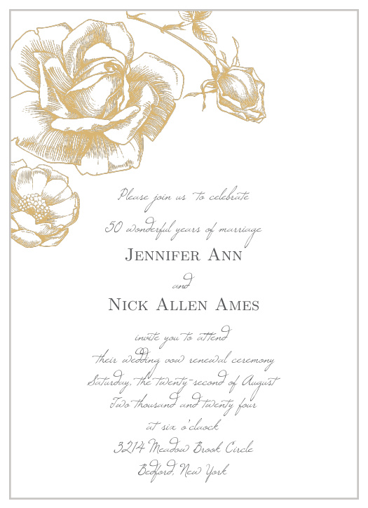 A group of simple gold roses is the focal point of our beautiful Gilded Rose Foil Vow Renewal Invitations!