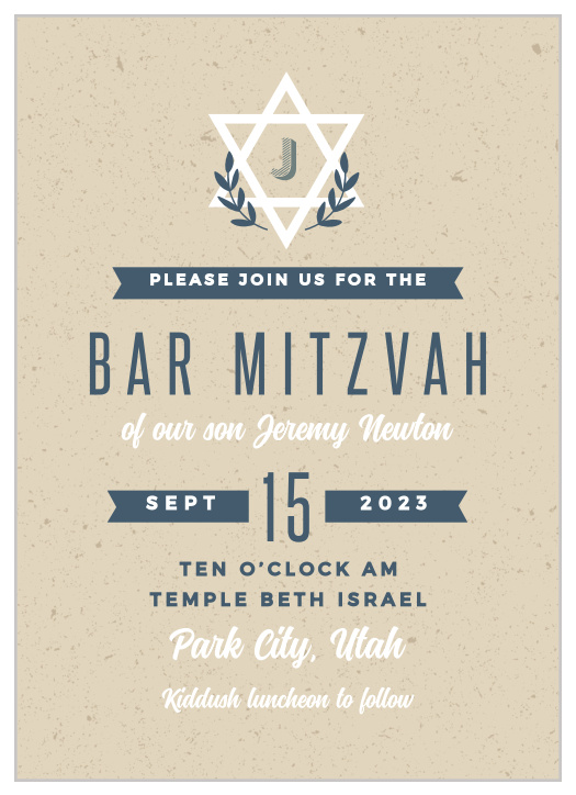 Featuring a unique textured background and traditional designs, our Kraft Laurel Bar Mitzvah Invitations are the perfect way to invite your loved ones to gather with you for this very special occasion.