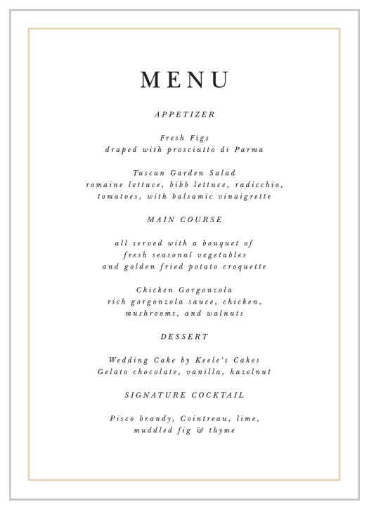 Describe each delicious dish that will be served at your reception with our Forever Photo Wedding Menus.