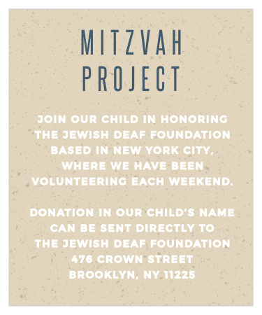 Use our beautiful and simple Kraft Laurel Bar Mitzvah Project Cards to announce your child's mitzvah project!