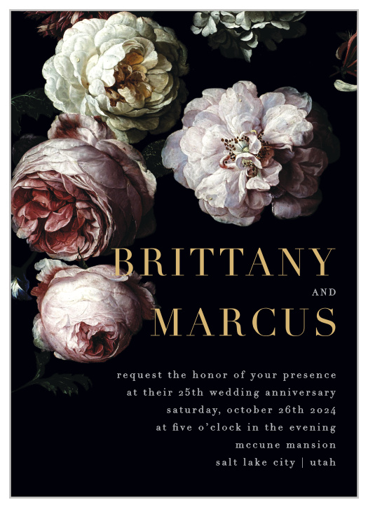 Our Classical Blooms Vow Renewal Invitations feature a vivid display of dark and dewy peonies.
