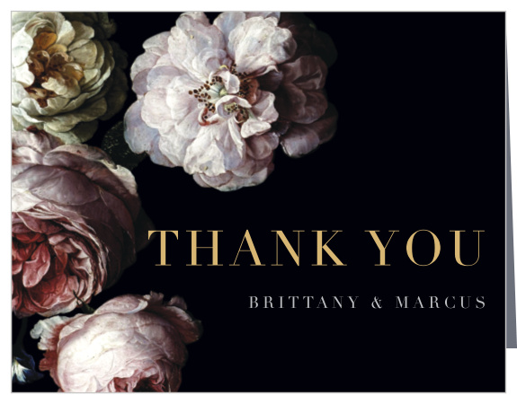 Our Classical Blooms Vow Renewal Thank You Cards feature a vivid display of dark and dewy peonies.
