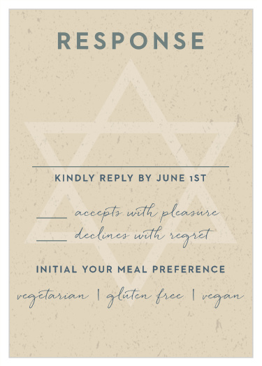 Our Kraft Star Bar Mitzvah Response Cards feature a lightly-printed Star of David. 