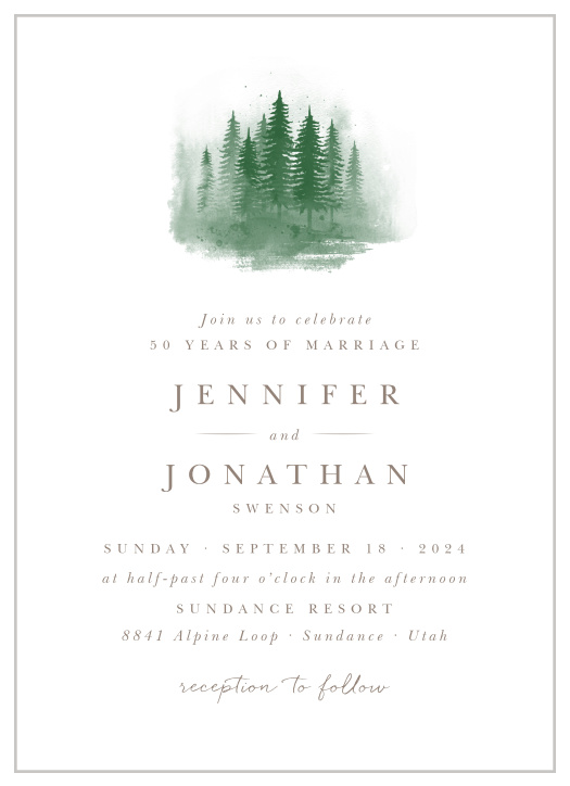 A dreamy illustration of a forest scene adorns the top of our Watercolor Evergreens Vow Renewal Invitations.