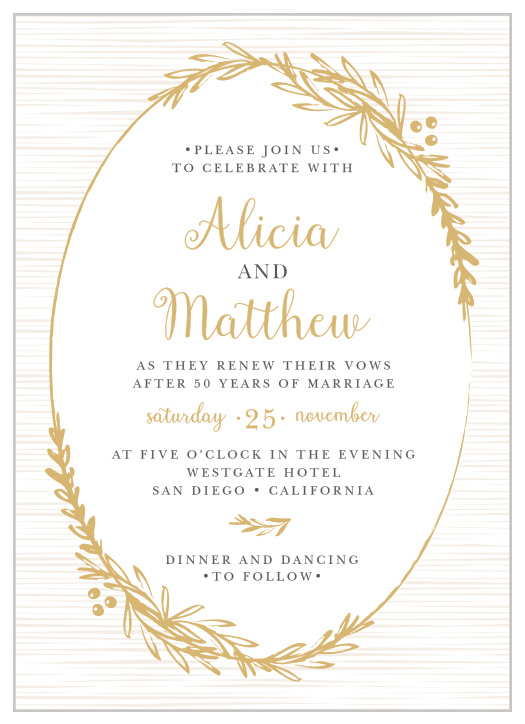 Spell out every detail of your delightful day with our stunning Gilded Laurel Vow Renewal Invitations.