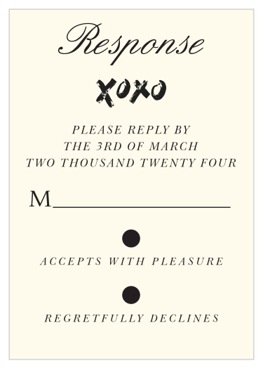 Obtain your guests attendance by sending out this matching RSVP card. Customize the colors and fonts to match you wedding theme exactly!