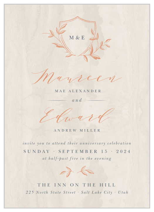 On a rustic, woodgrain-inspired background and filled with swirling foil and simple prints in deep-blue, our Woodland Monogram Vow Renewal Invitations offer irresistible style and unending utility.