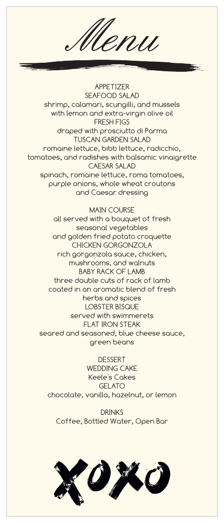 Impress your guests with the timeless look of our Hugs and Kisses wedding menu.