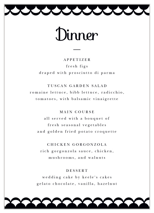 The Luxe Type Wedding Menus feature a modern, black and white design.