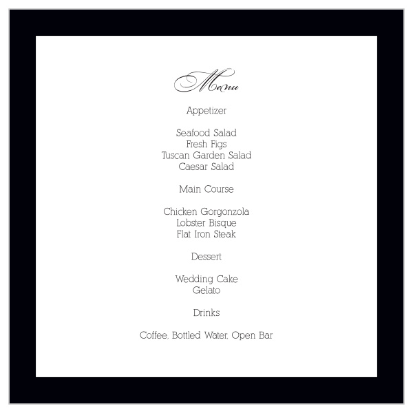 Our Simple Elegance wedding menu with its distinctive look matching the rest of the Simple Elegance invitation suite perfectly.