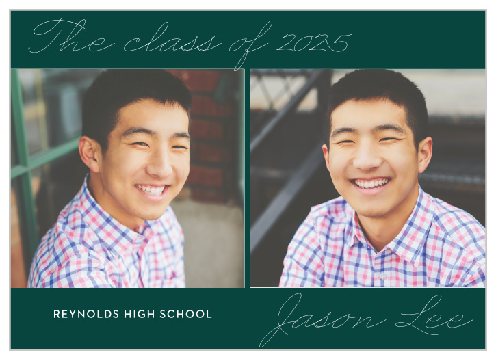 Two photos of the beaming graduate sit at the center of our Modern Graduate Graduation Announcements!