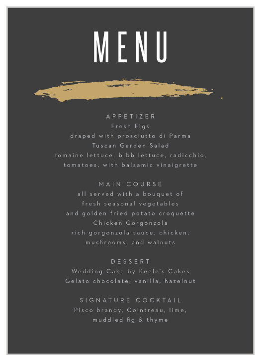 The Gilded Strokes Wedding Menus feature an elegant grey, white, and gold color scheme that will add a touch of elegance to any wedding.