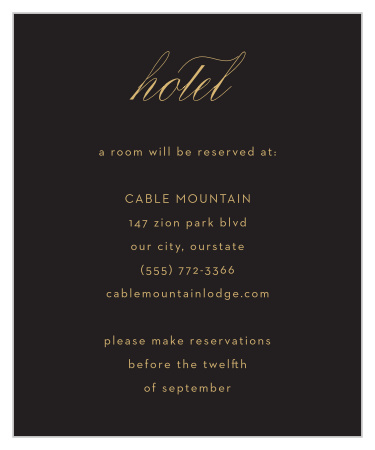 Featuring a black background and rich gold text, you'll love the beautiful elegance of the Gilded Leaves Accommodation Cards. 