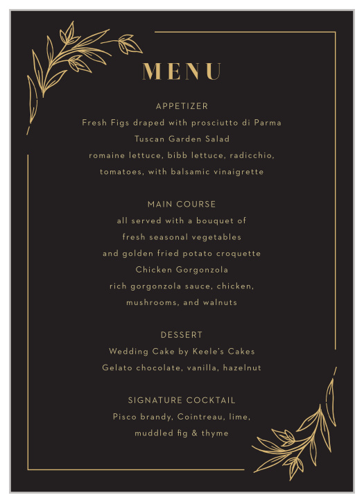 The Gilded Leaves Wedding Menus offer unforgettable elegance.