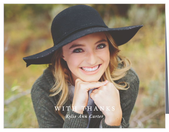 A beautiful photo of the graduate serves as the background of our Gilded Corners Graduation Thank You Card! 