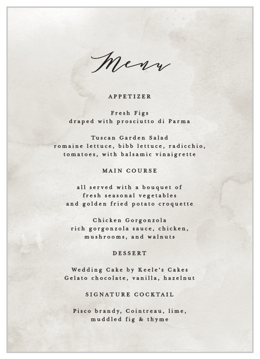 Let family and friends know what mouthwatering foods will be served at your reception with our Passionate Forever Wedding Menus.
