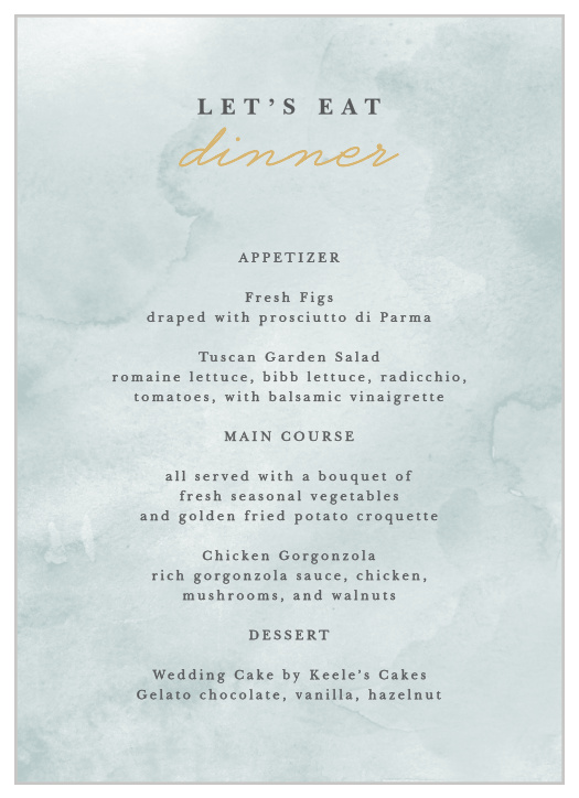 Describe every delicious dish that will be served at your reception with our True Love Story Wedding Menus.