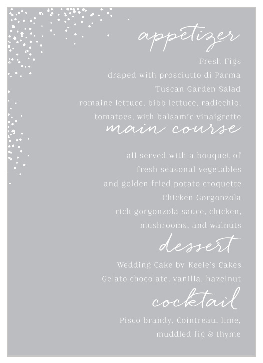 Featuring a modern grey and white color scheme, our Modern Scrapbook Wedding Menus go perfectly with the other items in this wedding invitation package!