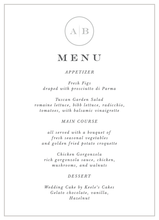Our simple Minimalist Monogram Wedding Menus fit in perfectly with any and all wedding themes!
