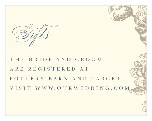Beautiful calligraphy spells out "Gifts" across the top of our Sketched Botanicals Registry Cards as drawings of flowers weave throughout the right side. 