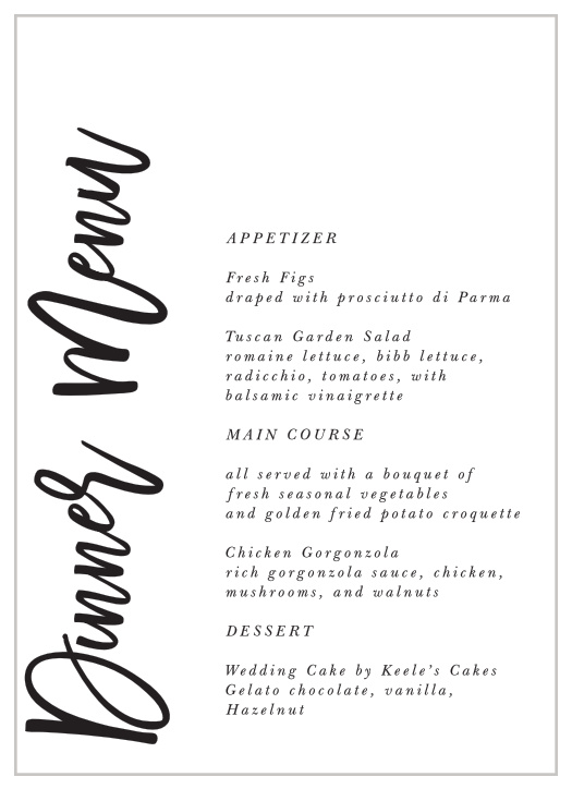 Impress your rehearsal and reception guests with our wonderfully modern Sweet Simplicity Wedding Menus!