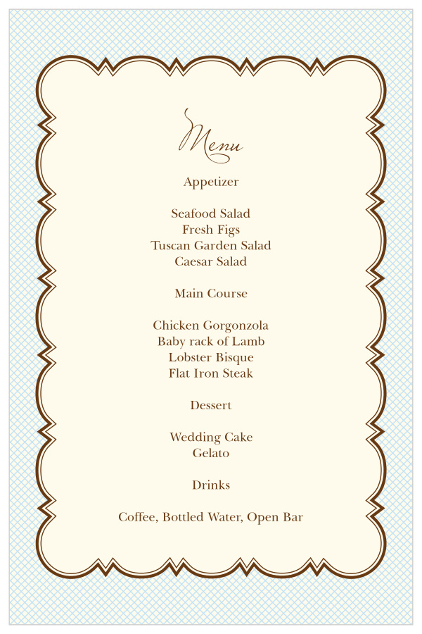 Impress your guests with the simple and bold look of the Scalloped Frame wedding menu.