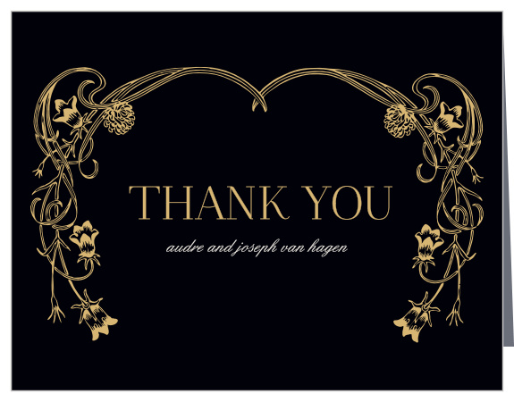 With a Victorian-esque, gold foiled, floral frame set against a rich black background, the Blossoming Vines Vow Renewal Thank You Cards are a classic choice to represent you on your (renewed) wedding day!