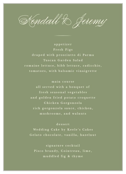 The Classic Elegance Wedding Menus feature an olive green background and elegant cream-colored text that matches the other items in this wedding invitation package perfectly. 