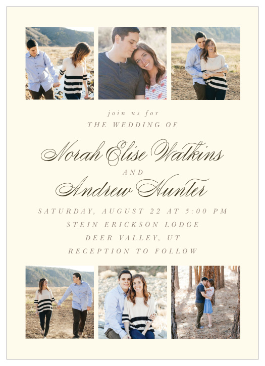 A gorgeous double-trio of photos adorn your Modern Stacks Wedding Invitations as the primary focus, forming a partial top and bottom border for the elegant typefaces lying in the center.
