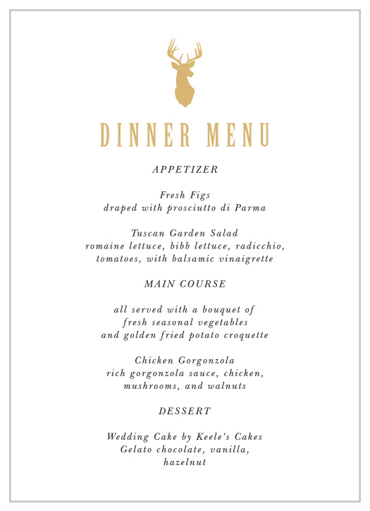 Inform family and friends what will be served at your reception with our Camo & Antlers Wedding Menus.