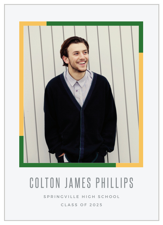 A fun, green and yellow border surrounds your text on our Color Frame Graduation Announcements!