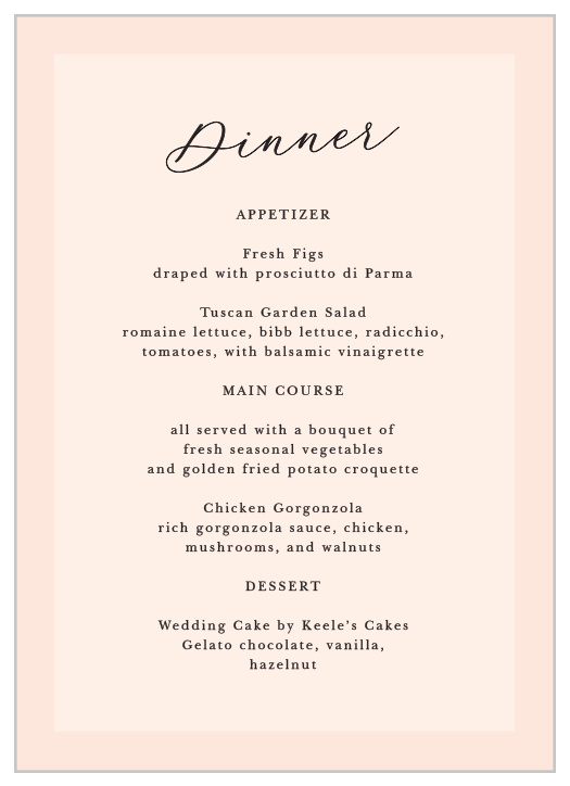 Describe each delicious dish that will be served at your reception with our Lovely Photo Wedding Menus.