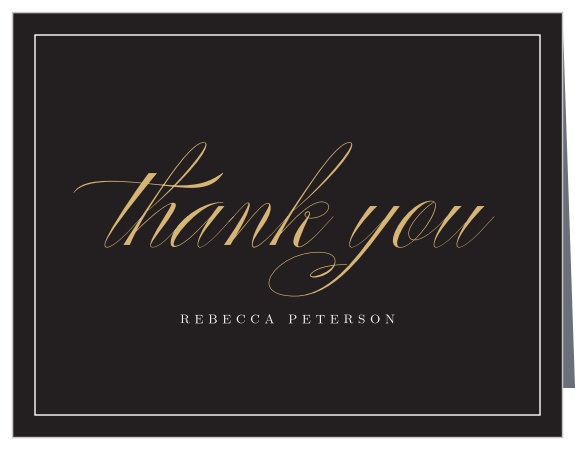 Our Elegant Flourish Graduation Thank You Card features a classic combination of gold-foil calligraphy and neat, white typography to truly shine against the black background.