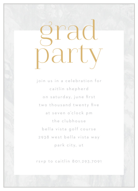 Gather your friends and family near for your graduation festivities with our Marbled Photo Graduation Party Invitations.
