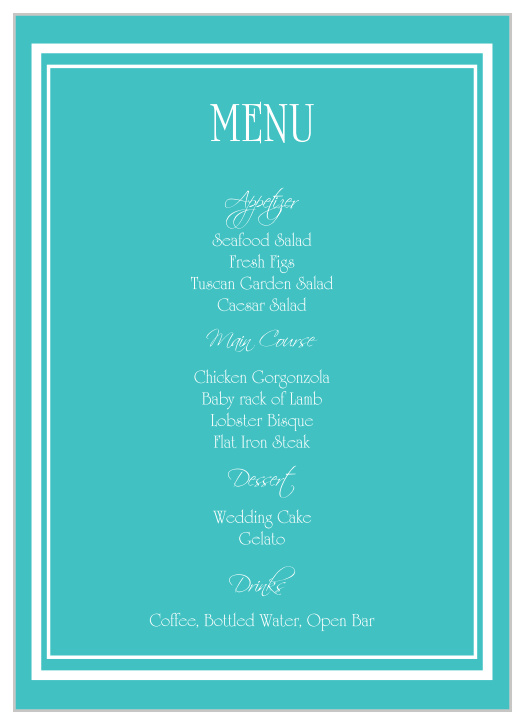 Victorian Charm wedding menu with its distinctive look matching the rest of the Victorian Charm invitation suite perfectly.