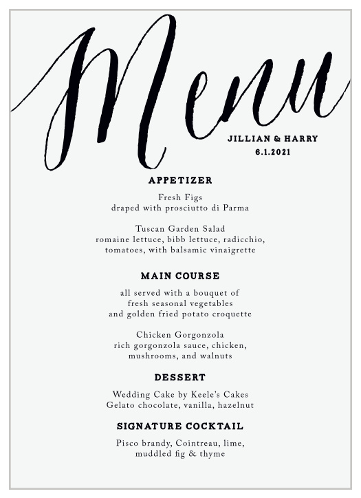 Describe every tantalizing meal option with the swooping style of our MaeMae's Jett Wedding Menus.