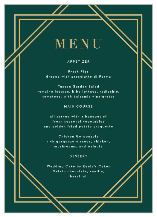Our Elegant Overlap Wedding Menus let family and friends know what mouthwatering foods will be served at your reception.