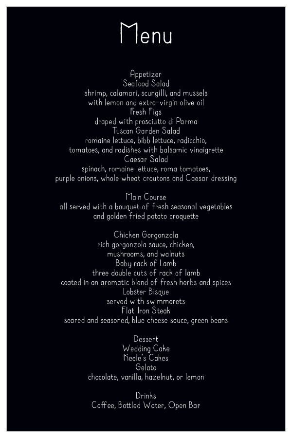 Impress your guests with the simple and bold look of our Sweet Affection wedding menu.