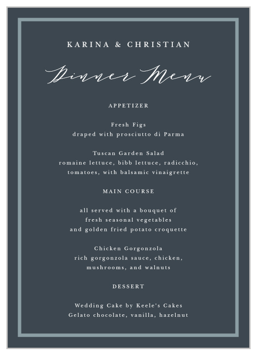 Our Elegant Photo Collage Wedding Menus describe each delicious dish that will be served at your reception.