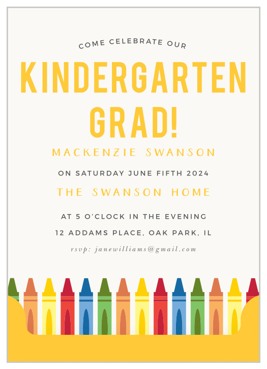 Request the presence of family and friends to join in on the celebration day with our Kindergarten Crayon Graduation Party Invitations.