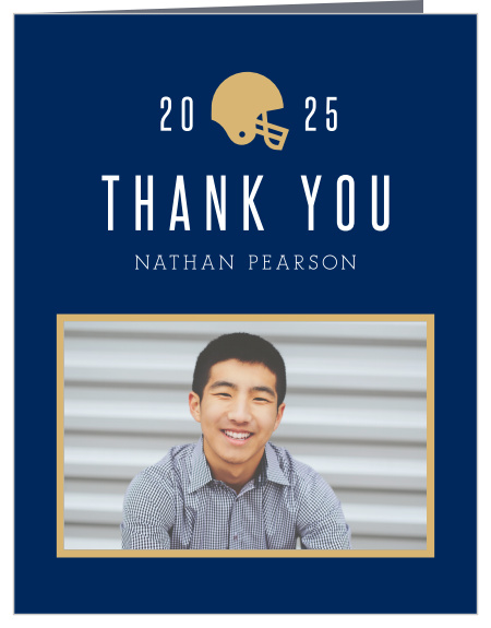 Show your appreciation for the support of your friends and family with our Football Star Graduation Thank You Card.