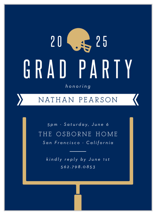 Gather your friends and family near for your graduation celebrations with our Football Star Graduation Party Invitations.