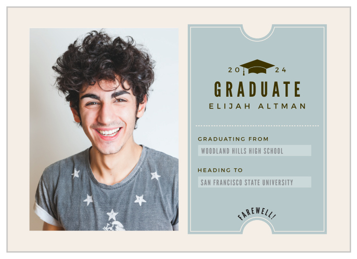 Before you head off to college, or your next pursuit in life, let your friends and family know about this big accomplishment with our Farewell Ticket Graduation Announcements! 