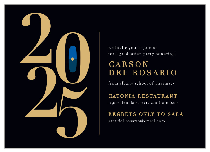 Designed specifically with your newest family pharmacist in mind, our Pharmacy Medicine Graduation Invitations offer a flash of shining gold-foil on each and every card.