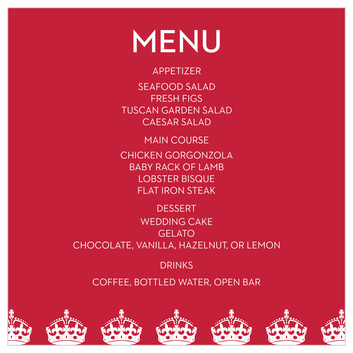 Royal Crown Wedding Menu