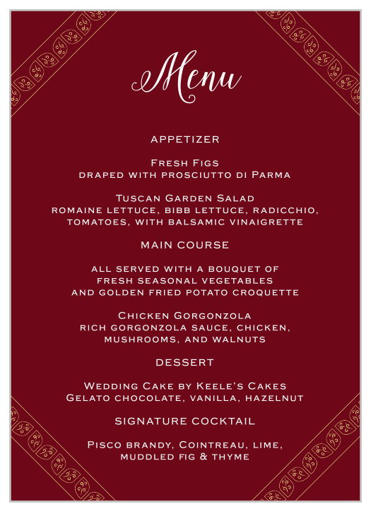 Create the ultimate dining experience with our Precious Paisley Wedding Menus.