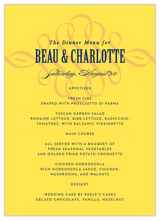 Our MaeMae's Montgomery Wedding Menus are a perfectly charming way to treat your guests to a memorable dining experience. 