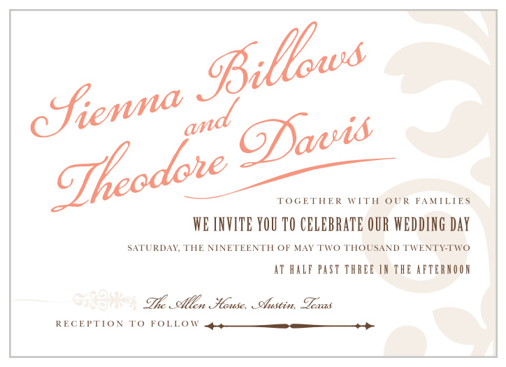 The swirling intricacies of our MaeMae's Theo Wedding Invitations are perfect for gathering together your friends and family.